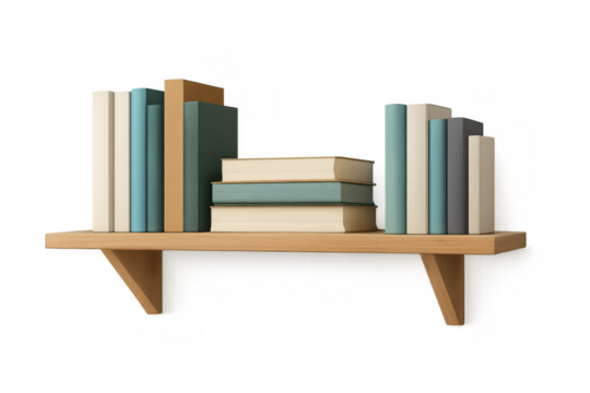 Wooden bookshelf displaying various books on transparent background