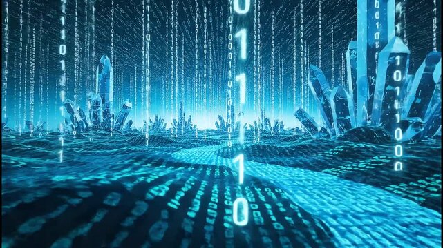 Dynamic digital landscape with flowing binary code and glowing crystal formations, representing data streams and technological advancement.