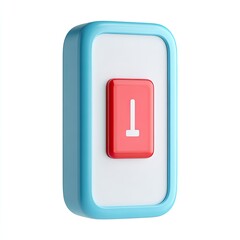 A light-blue framed, rectangular button with a red square center featuring a white vertical bar