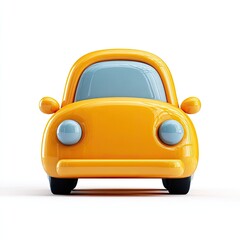 A cheerful, cartoonish yellow car, front view, glossy finish, simple design, set against a white background