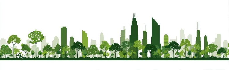 Fototapeta premium Green cityscape with trees and buildings. Silhouettes of lush green trees line a city skyline, creating a balanced urban/nature aesthetic
