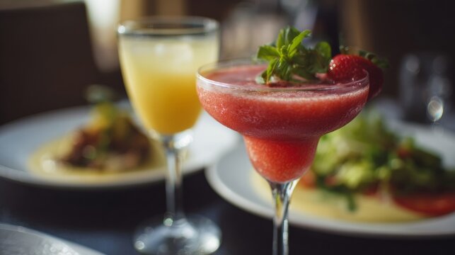 Frost-kissed strawberry daiquiri whispers tropical allure beside brunch delights, perfect for World Cocktail Day or Cinco de Mayo