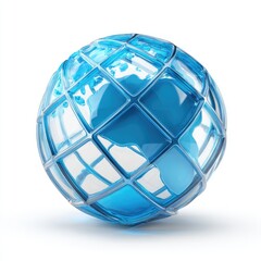 A translucent, blue, glass globe encased in a grid-like structure, depicting a world map