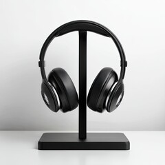 Sleek black over-ear headphones resting on a minimalist stand against a bright white backdrop