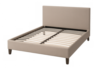 Beige upholstered bed frame with slatted base on transparent background