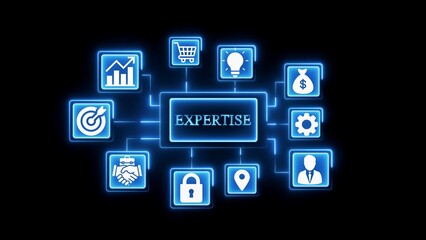 Digital network of business icons around the word expertise