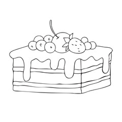 Vector doodle illustration. Cake with berries. Design element for packaging, holidays, and decorations