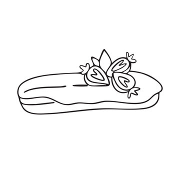 Vector doodle illustration. Eclair, a strawberry pastry. Design element for packaging, holidays, and decorations