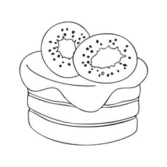 Vector illustration of a cake with icing and kiwi. Outline drawing, coloring. Design element for packaging, holidays, and decorations