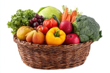 Fototapeta premium Colorful assortment of fresh fruits and vegetables in a woven basket