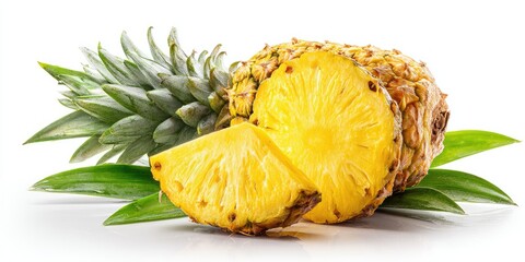 A whole pineapple, partially sliced, revealing its vibrant yellow flesh, rests on lush green leaves against a stark white background