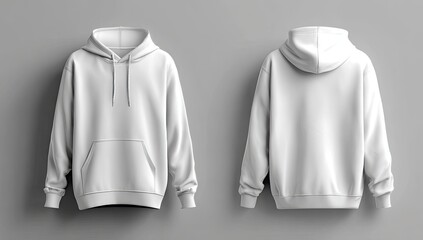 Plain white hoodie shown front and back against a grey backdrop; simple design, long sleeves, drawstring hood, kangaroo pocket