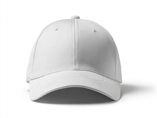 Plain white baseball cap, structured, six-panel design, curved brim, shown against a pure white background