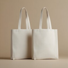 Two off-white canvas tote bags stand side-by-side on a neutral background.  Simple, minimalist design; clean, unblemished fabric