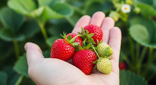 Freshly picked ripe strawberries clutched in a gentle hand outdoors in a field