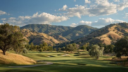 Scenic Golf Course Landscape with Rolling Hills and Cloudy Sky