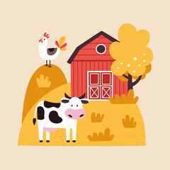 Print on autumn background with red house, cow and rooster. Print on postcards and clothes.
