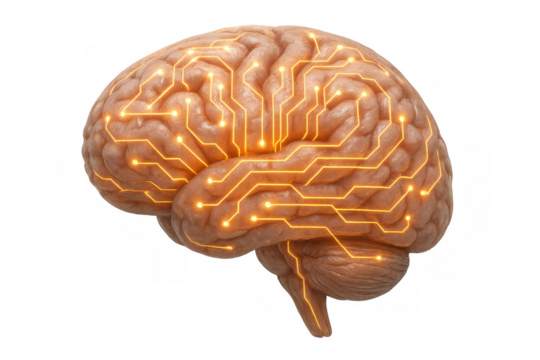 Brain integrating artificial intelligence and technology circuit concept