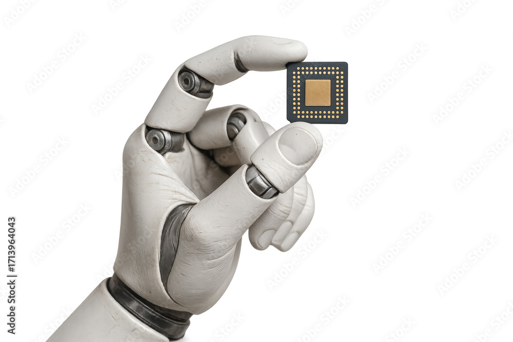 Poster robot hand holding microchip for artificial intelligence development