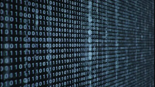 Dynamic binary code streams cascade across a futuristic digital screen, representing data flow and technology in motion