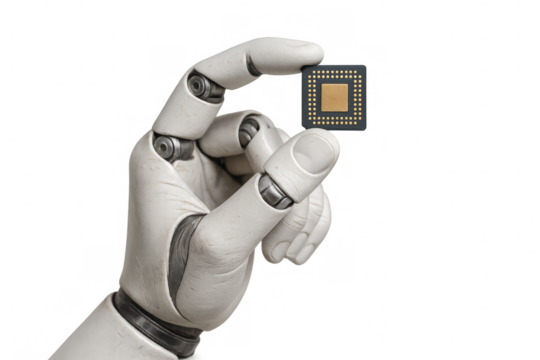 Robot hand holding microchip for artificial intelligence development