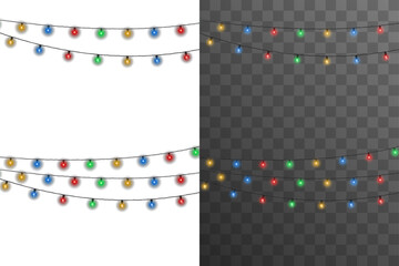 Obraz premium Festive Christmas string lights with multicolor bulbs shining bright. Isolated transparent vector garland decoration for holiday design, New Year party, winter season greeting card, or festive celebra