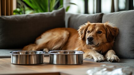 Dog sitting on hotel sofa near stylish bowls for food and water showing cozy pet friendly accommodation design