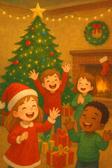 kids decorating christmas tree