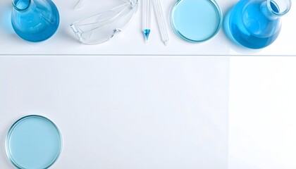 Laboratory setup with petri dishes, conical flask, pipette, and safety goggles on white surface clean, organized scene for scientific research, chemistry, and experimental analysis