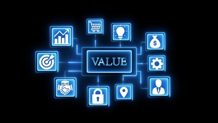 Glowing blue network of icons connected to the word V A L U E