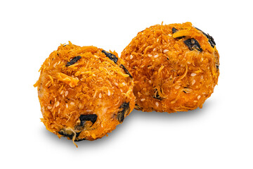 Shredded chicken cakess or chicken floss cakes isolated on white background with clipping path