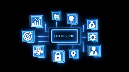 Leadership concept with connected business icons in blue