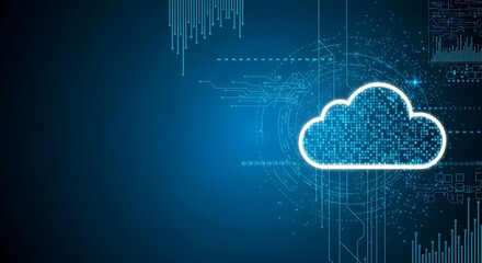 A digital cloud icon glows against a dark blue background with abstract data streams and technological elements.