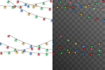 Christmas garland with multicolored glowing bulbs isolated on transparent background. Festive holiday light string decoration for Christmas party, New Year celebration, seasonal design, or winter even