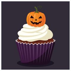 A delicious cupcake with white frosting topped with a carved Halloween pumpkin on a dark background.