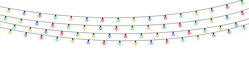 Multicolored Christmas garland lights isolated on transparent background. Glowing festive string bulbs decoration for holiday design, celebration, winter party, New Year banner, invitation, or event p © Felicety