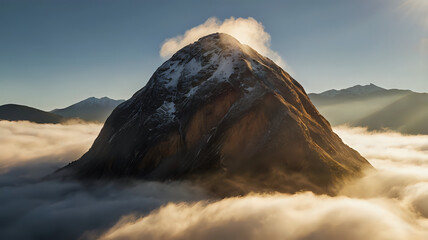 Potato shaped like a mountain, with mist and glowing sunlight hitting its surface