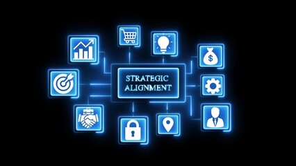 Strategic alignment diagram with business icons and blue neon glow 1