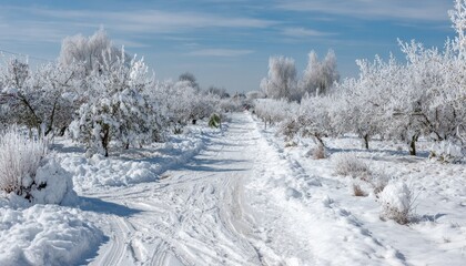 Obraz premium Snow-covered path winds through a frost-laden orchard under a bright winter sky