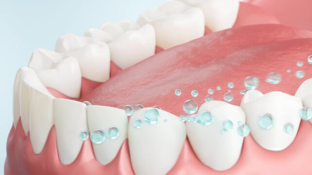 Toothpaste foam or fluoride molecules are cleaning the gums and teeth to protect oral health. Oral care concept.