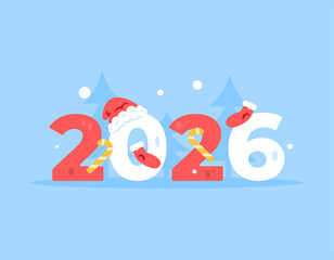 A concept of celebration, party, and festival. Happy New Year 2026 and Christmas. Illustration of the number 2026 with Santa hat, socks, and candy cane decoration. Flat style element design. Blue