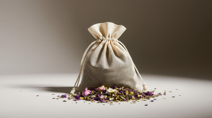 Herbal linen pouch with dried flowers and aromatic botanicals on neutral background. Ideal for aromatherapy, eco packaging, wellness, and natural product visuals. AI generated.
