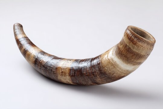 A curved, horn-like object, light brown and cream colored, sits on a plain background