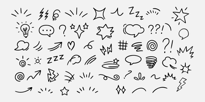 Comic design elements, manga expression, cartoon speech bubbles and emotion symbols, anime doodle elements collection