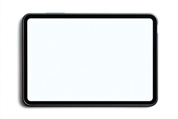 A flatlay of a tablet computer.  Blank screen, dark gray bezel