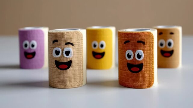 Colorful bandages with cheerful faces are arranged in a playful sequence, showcasing their vibrant expressions and unique designs, creating a lively atmosphere of fun and creativity