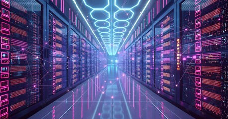 A server room corridor filled with rows of data storage racks, illuminated by neon pink and blue lights, creating a futuristic and technological atmosphere.