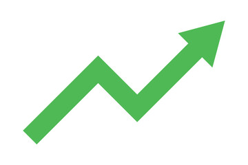Upward arrow line in green represents a graph going up, trading profit, business growth, economic boom, and financial surplus. Simple abstract symbol illustration vector design.