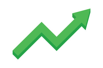 Flat green line upward arrow represents graph going up, trading profit, business growth, economic boom, and financial surplus. Simple abstract symbol illustration vector design.