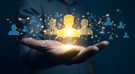 A person holds glowing silhouettes of people in their open hand, connected by sparkling light, representing leadership and networking.